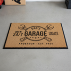 Personalized Dad's Garage coir doormat, Open 24/7 Complaints Ignored, crossed wrenches and pistons, Anderson Est. 1954