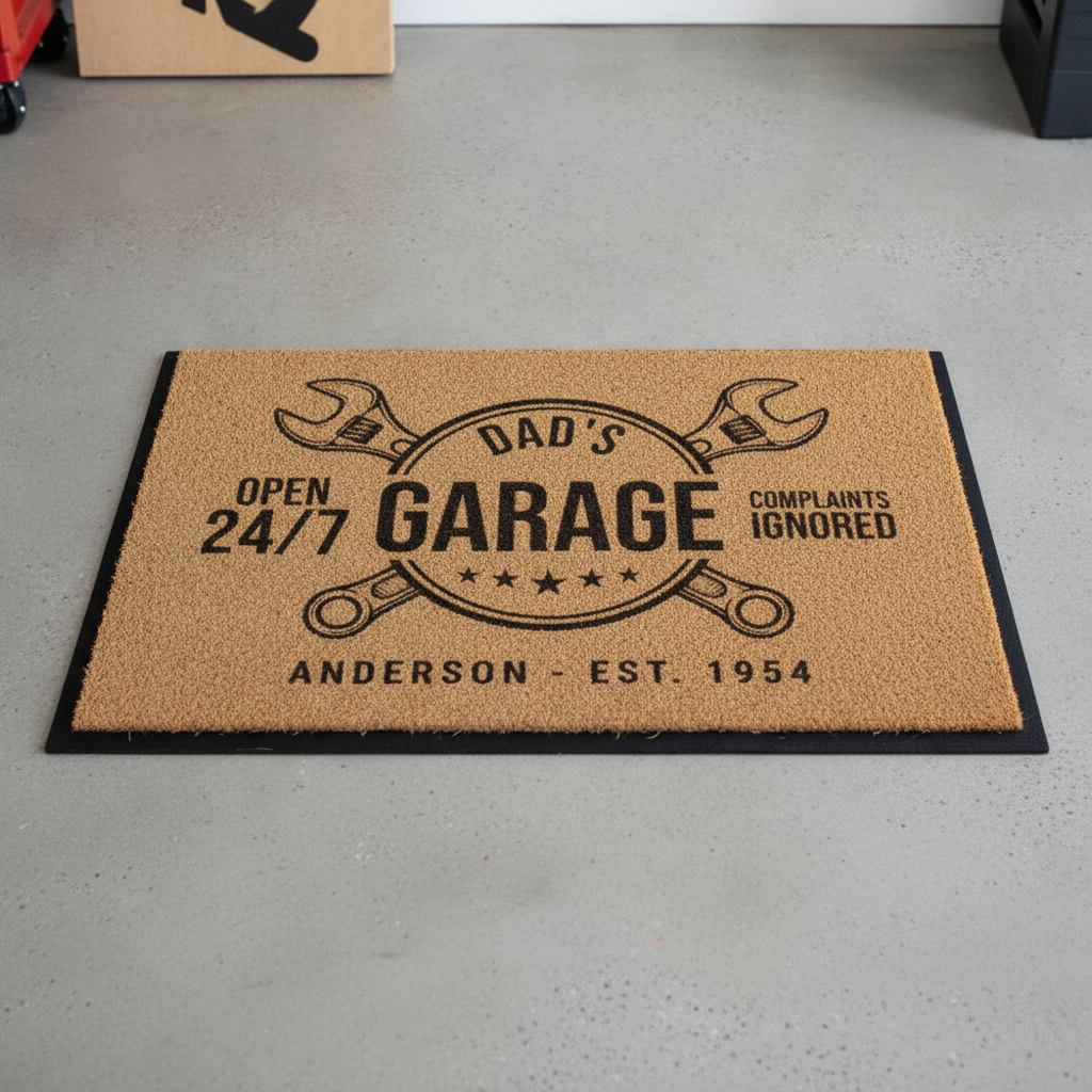 Personalized Dad's Garage coir doormat, Open 24/7 Complaints Ignored, crossed wrenches and pistons, Anderson Est. 1954