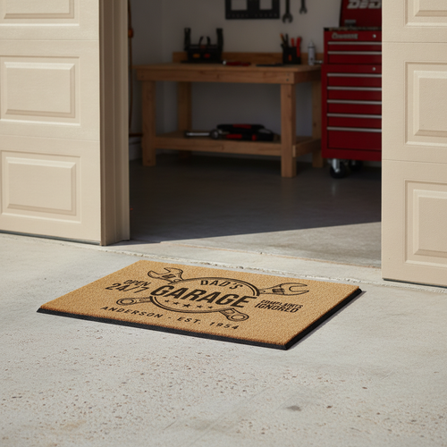 Dad's 24/7 Garage personalized coir doormat at an open garage entry with workbench and red tool chest