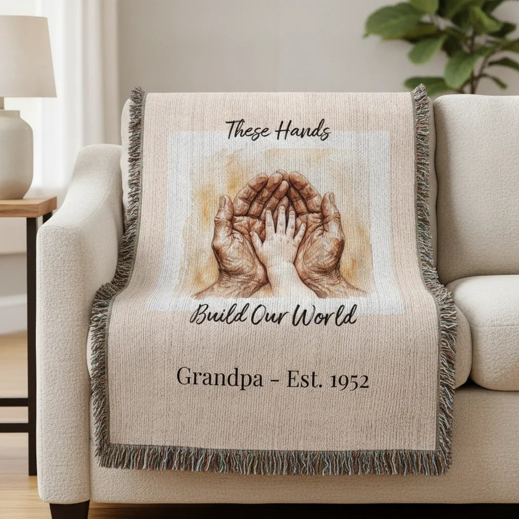 Heirloom Photo Woven Blanket (Portrait) Grandpa Grandchild holding hands