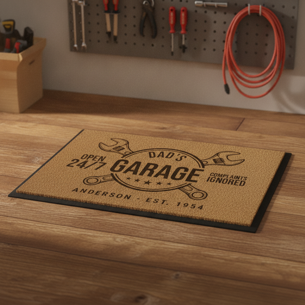 Personalized Dad's Garage doormat on a workshop floor beside a pegboard of hand tools