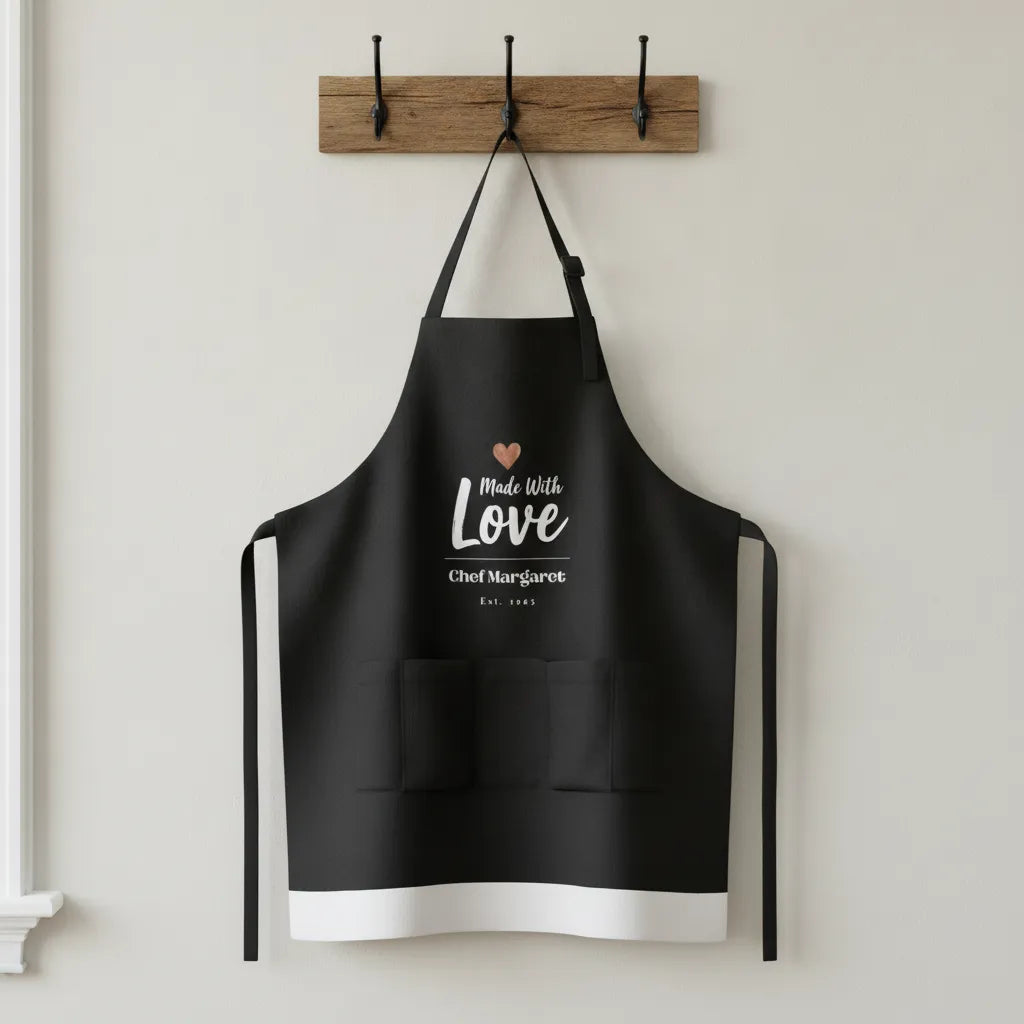 Apron, 3-Color Straps, Made with Love in Black