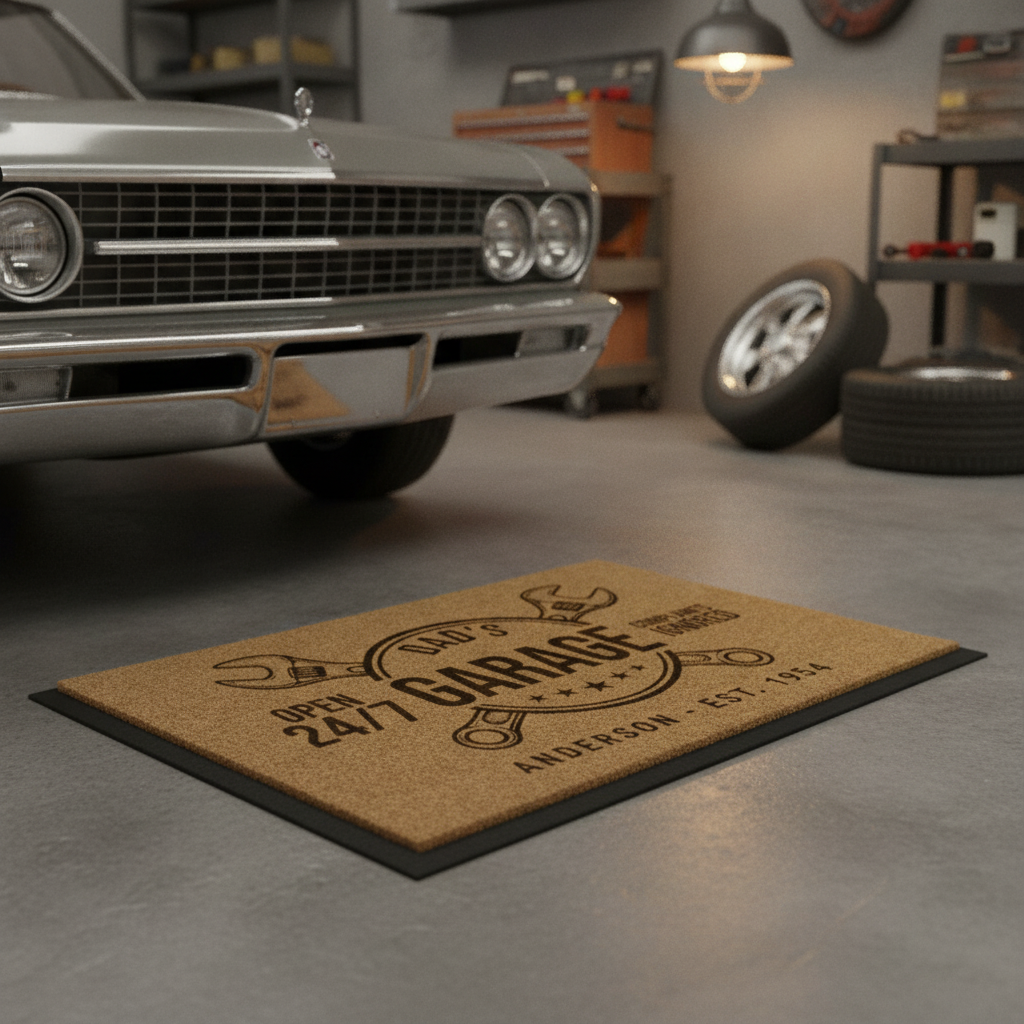 Personalized Dad's Garage coir doormat on a garage floor in front of a classic car