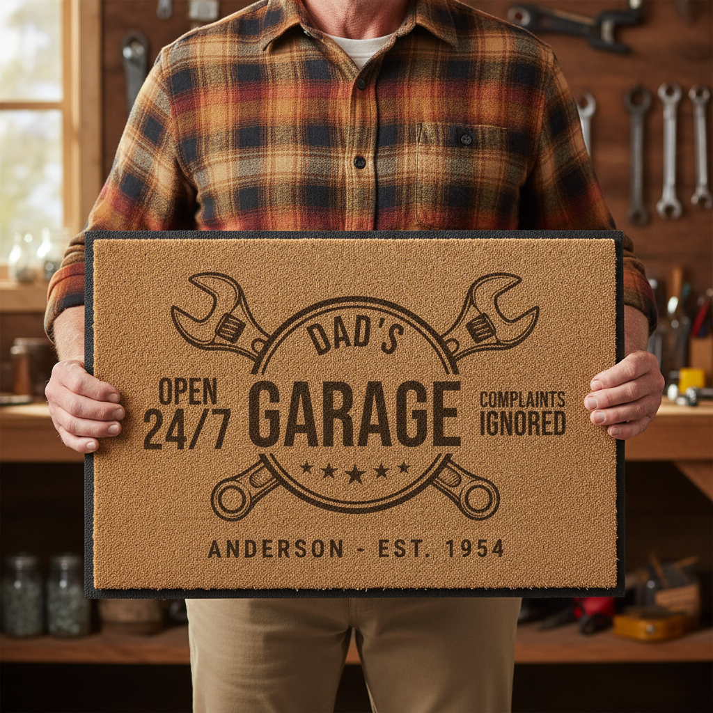 Man holding the personalized Dad's Garage 24/7 coir doormat in a home workshop
