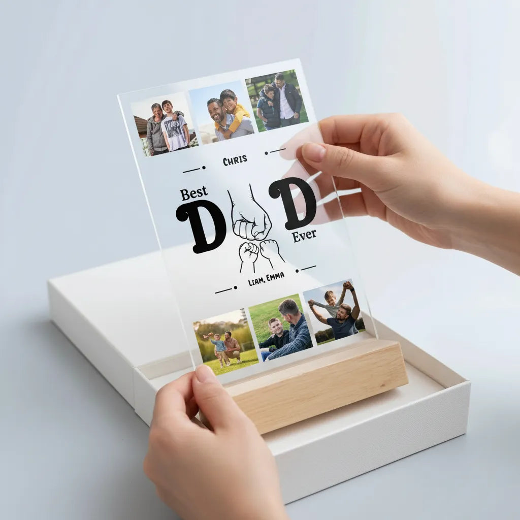 Acrylic Sign with Wooden Stand Dad with hands