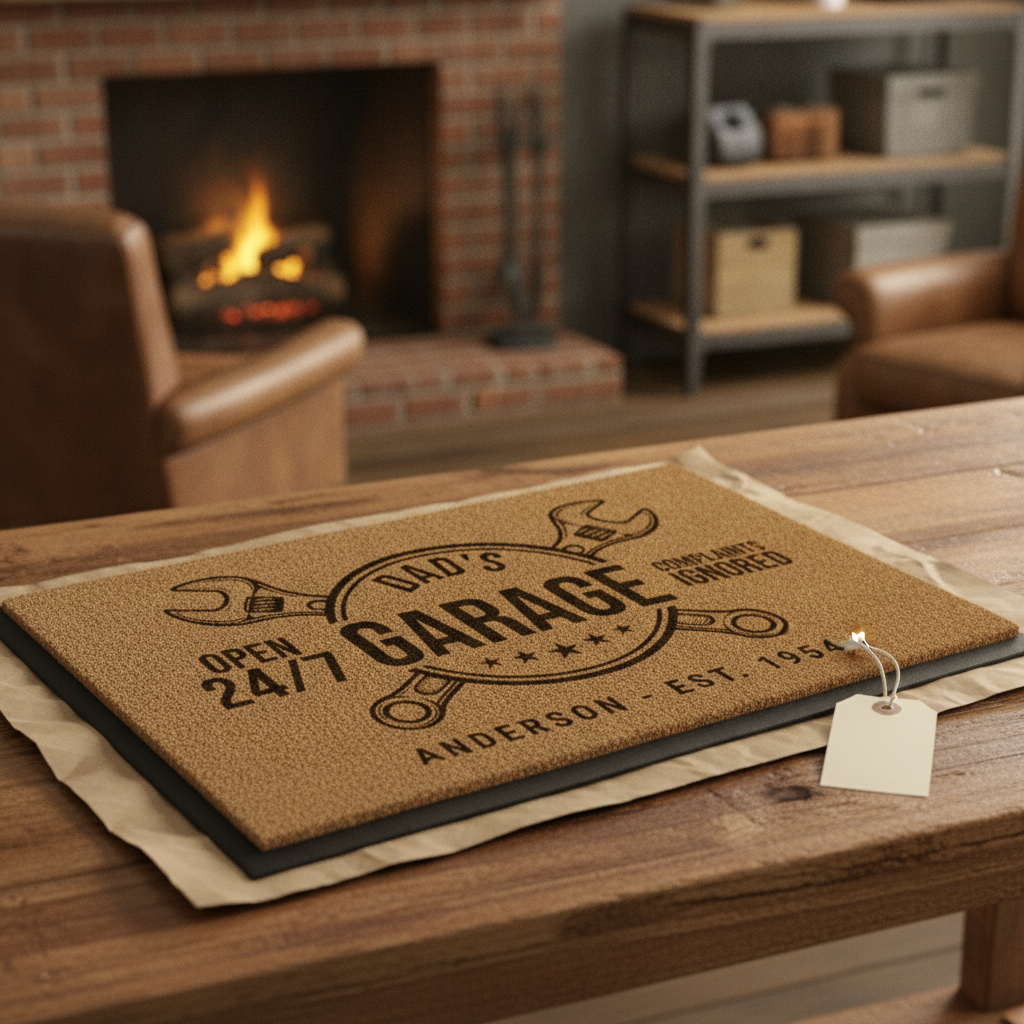 Personalized garage doormat unwrapped as a gift on kraft paper by a fireplace