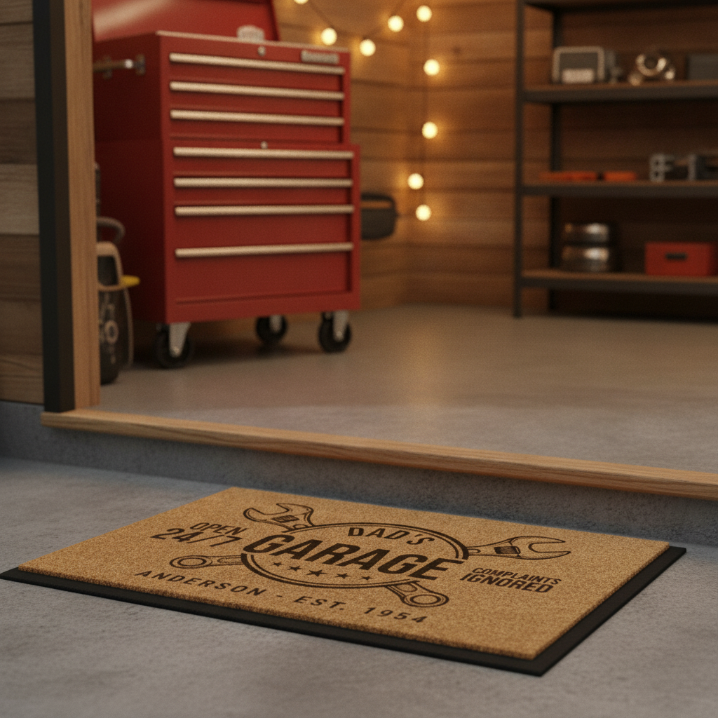 Dad's Garage doormat at a man-cave garage threshold with red tool chest and warm string lights