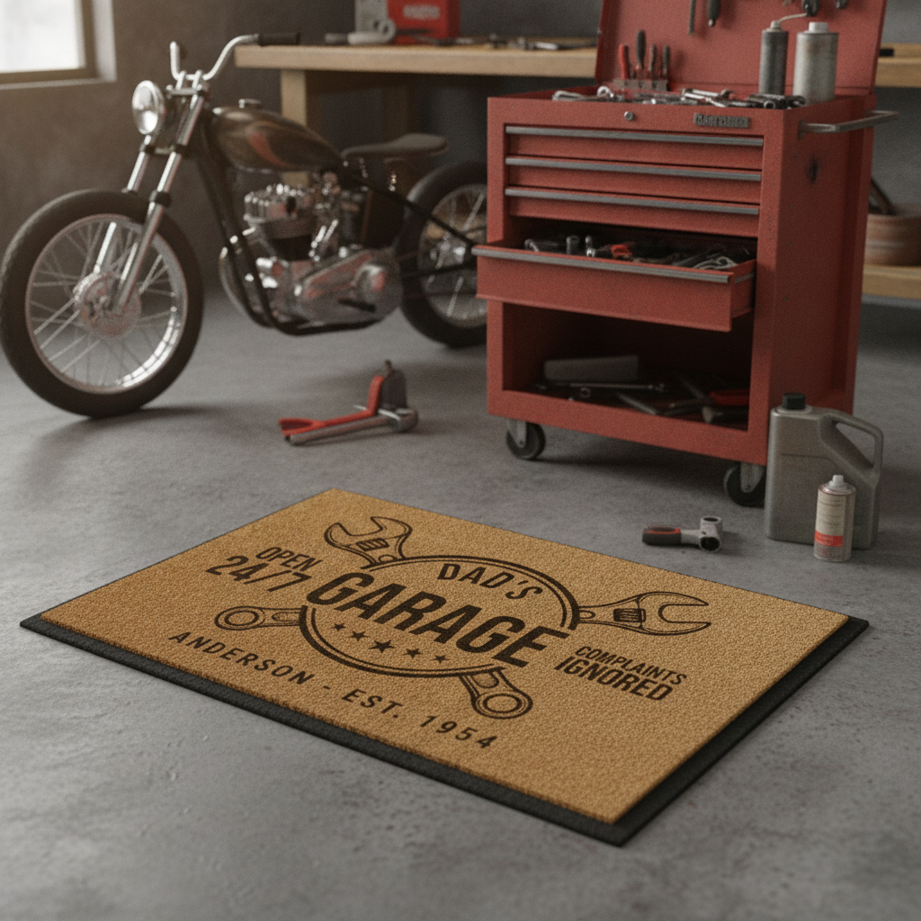 Personalized Dad's Garage doormat on a workshop floor near a classic project motorcycle