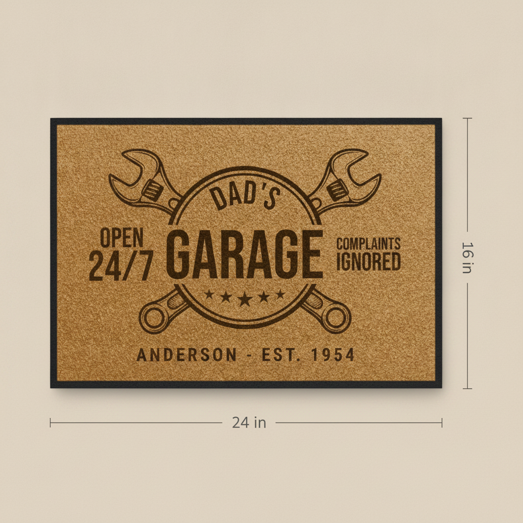 24/7 Garage doormat size guide showing 24 inches wide by 16 inches tall