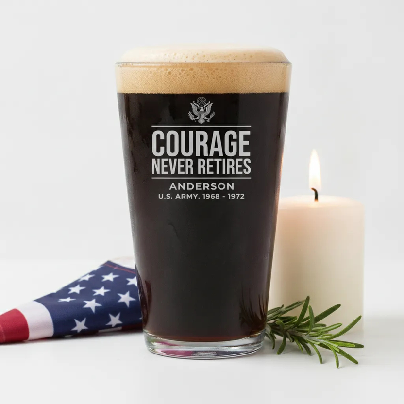 Personalized courage never retires pint glass, a retirement gift for dad who served