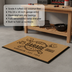 Dad's Garage doormat feature list: Grade A coir coconut fiber, black vinyl backing, personalized name and year