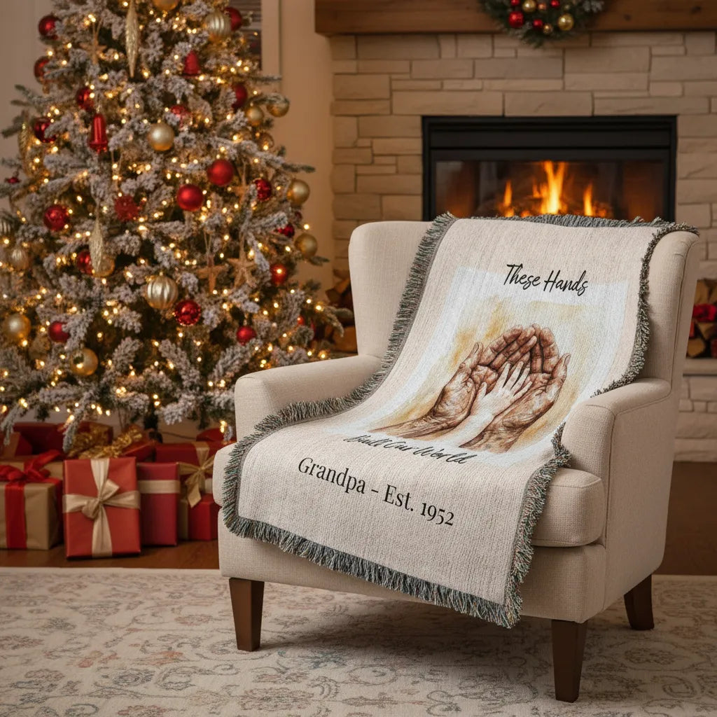 Heirloom Photo Woven Blanket (Portrait) Grandpa Grandchild holding hands
