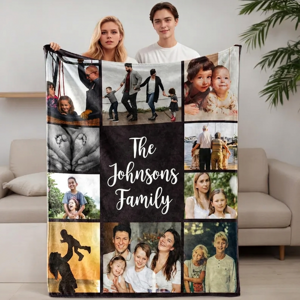 Personalized memory photo blanket with a collage of family photos