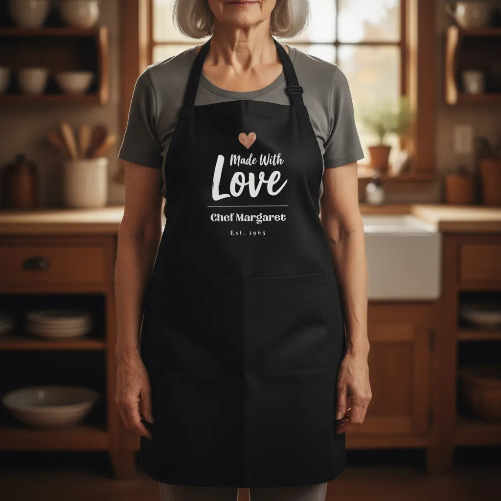 Apron, 3-Color Straps, Made with Love in Black