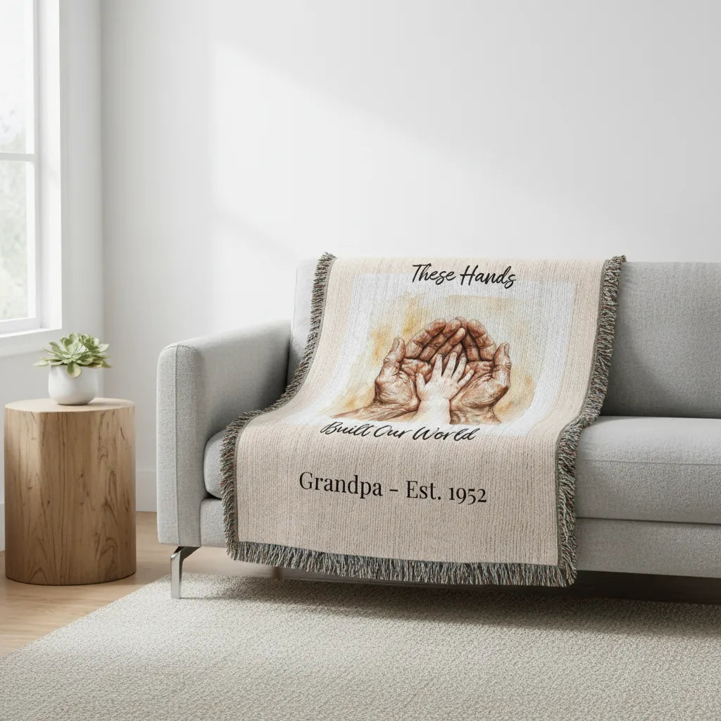 Heirloom Photo Woven Blanket (Portrait) Grandpa Grandchild holding hands