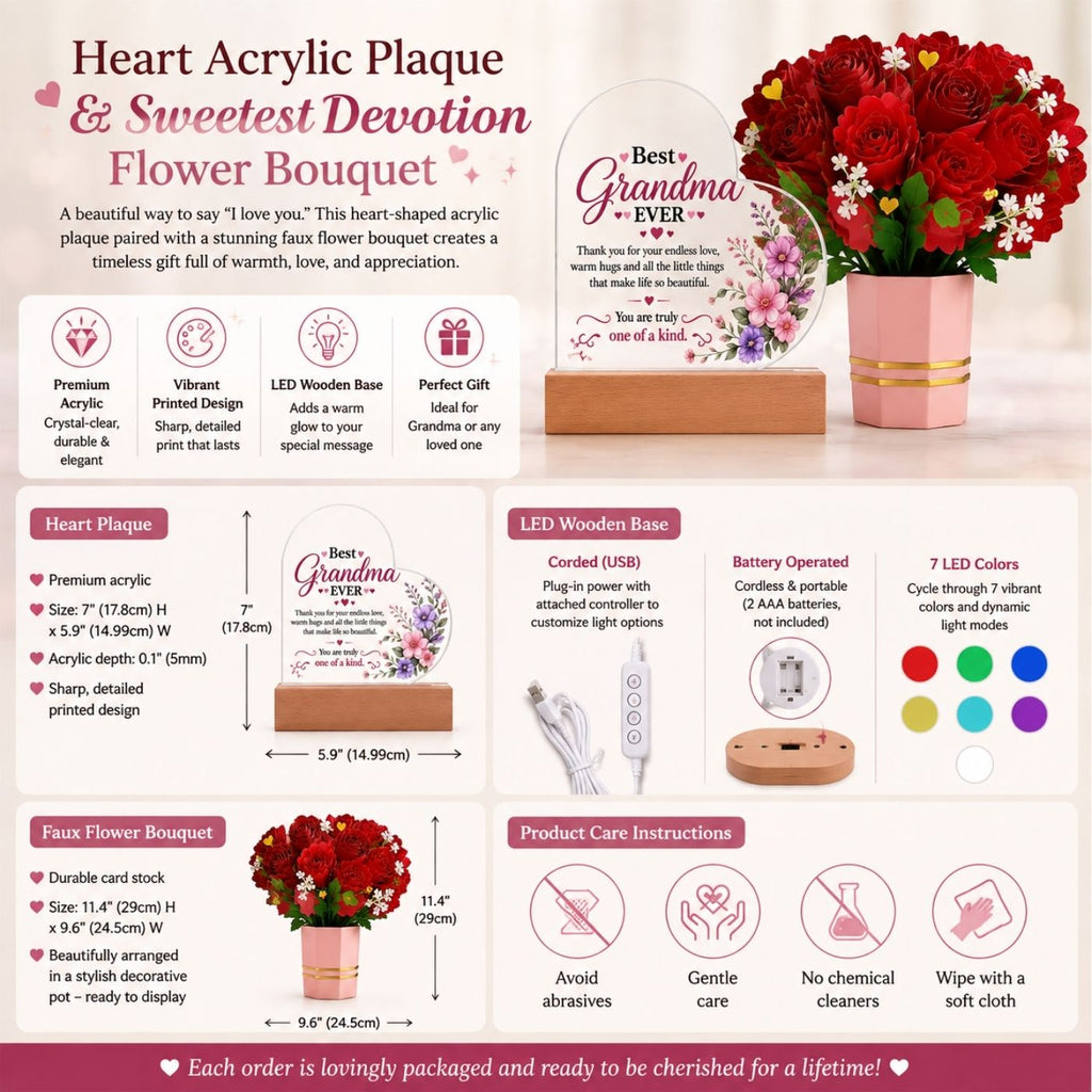Heart LED plaque and red rose bouquet gift set for grandma