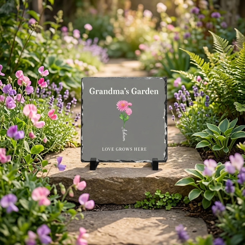 Grandma's Garden Birth Flower Slate Plaque with Grandkids Names