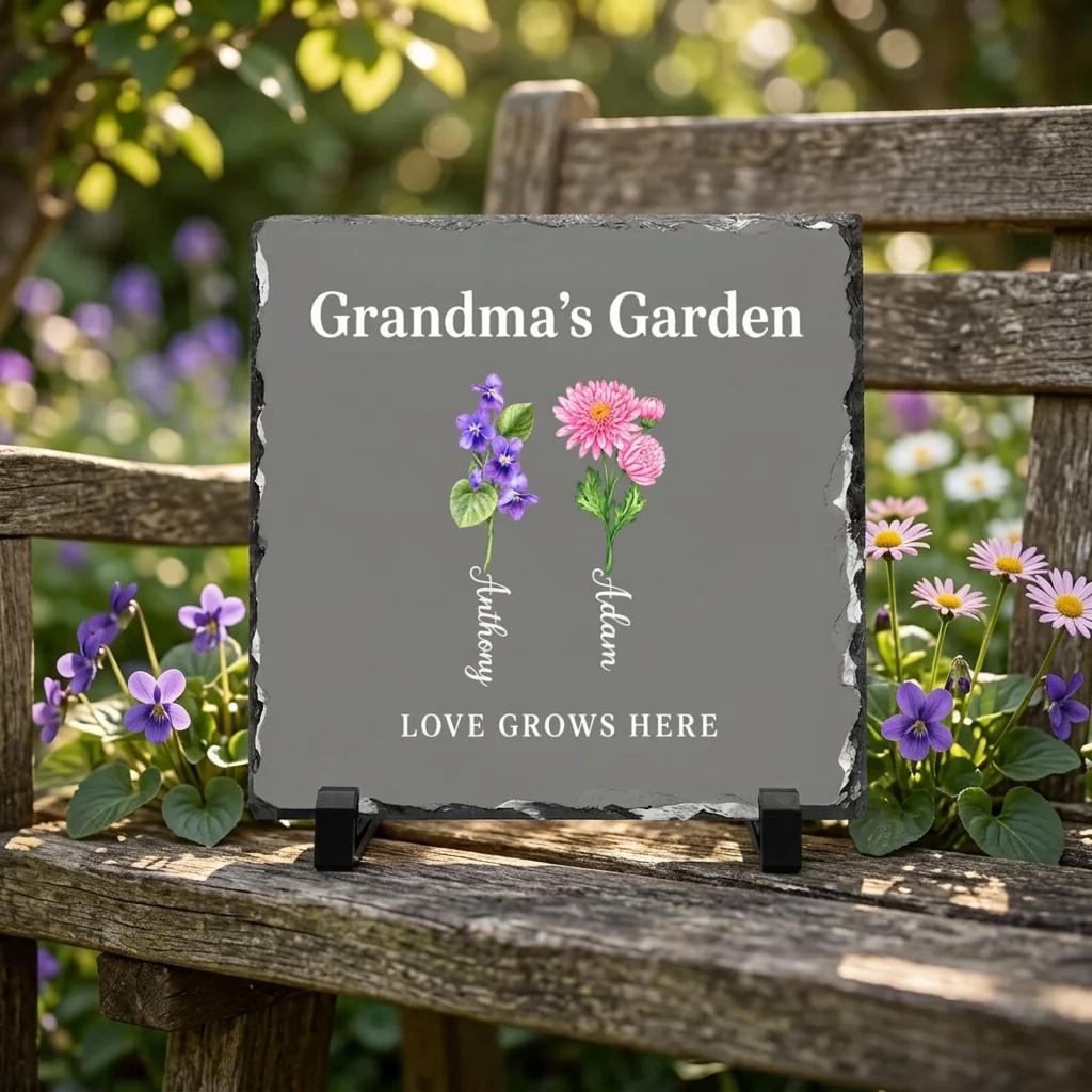 Grandma's Garden Birth Flower Slate Plaque with Grandkids Names