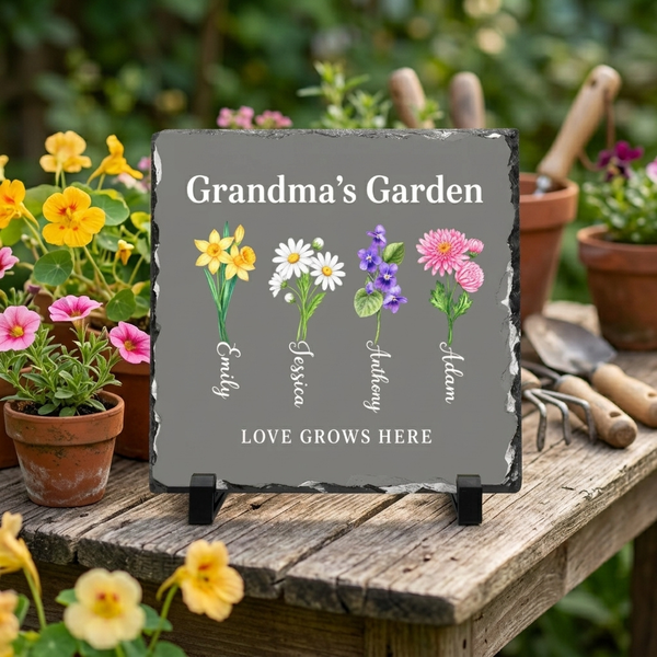 Grandma's Garden slate plaque with each grandchild's name and birth flower