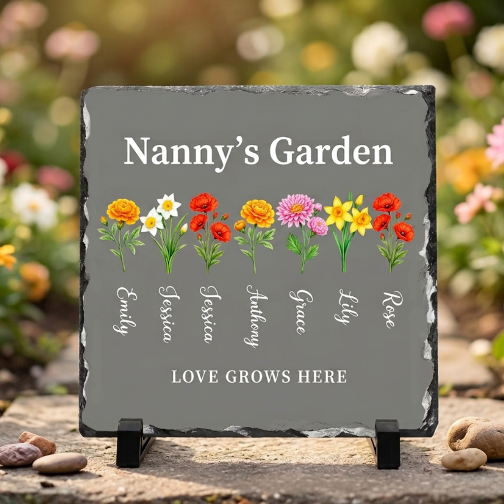 Grandma's Garden Birth Flower Slate Plaque with Grandkids Names