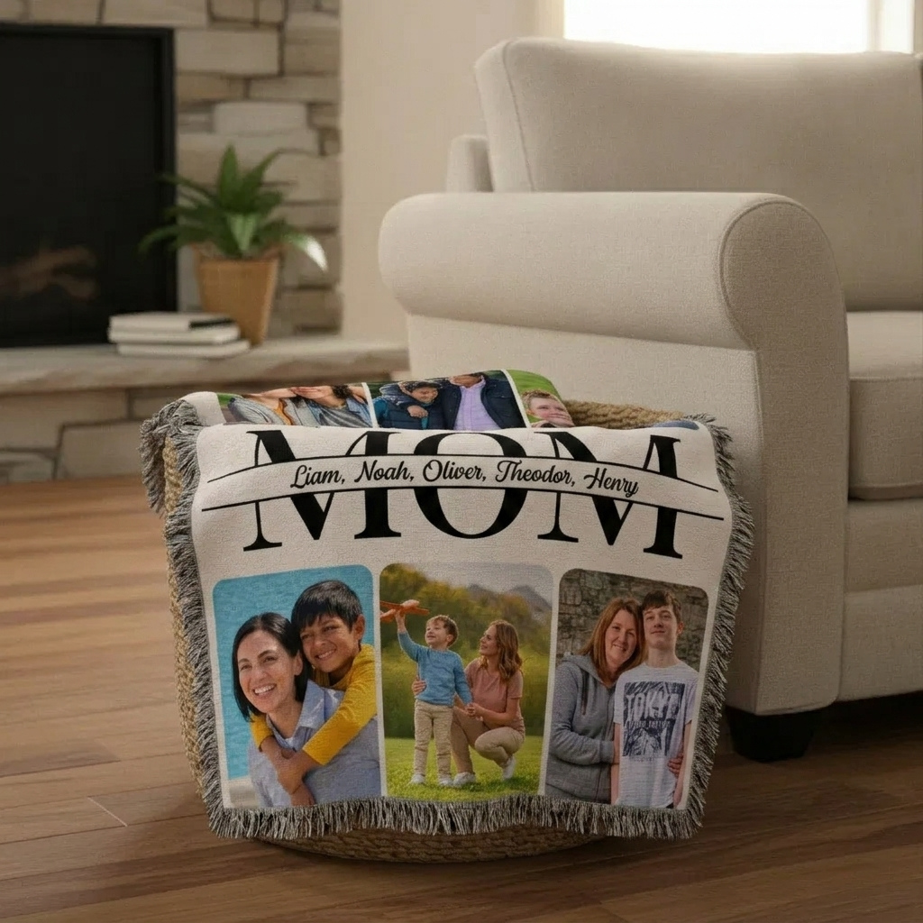 Personalized Mom and Kids Photo Woven Blanket