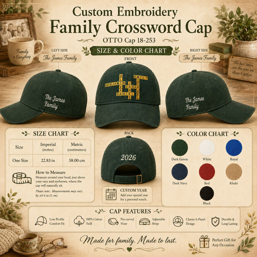 Family Crossword Cap size guide, color options, and personalization details