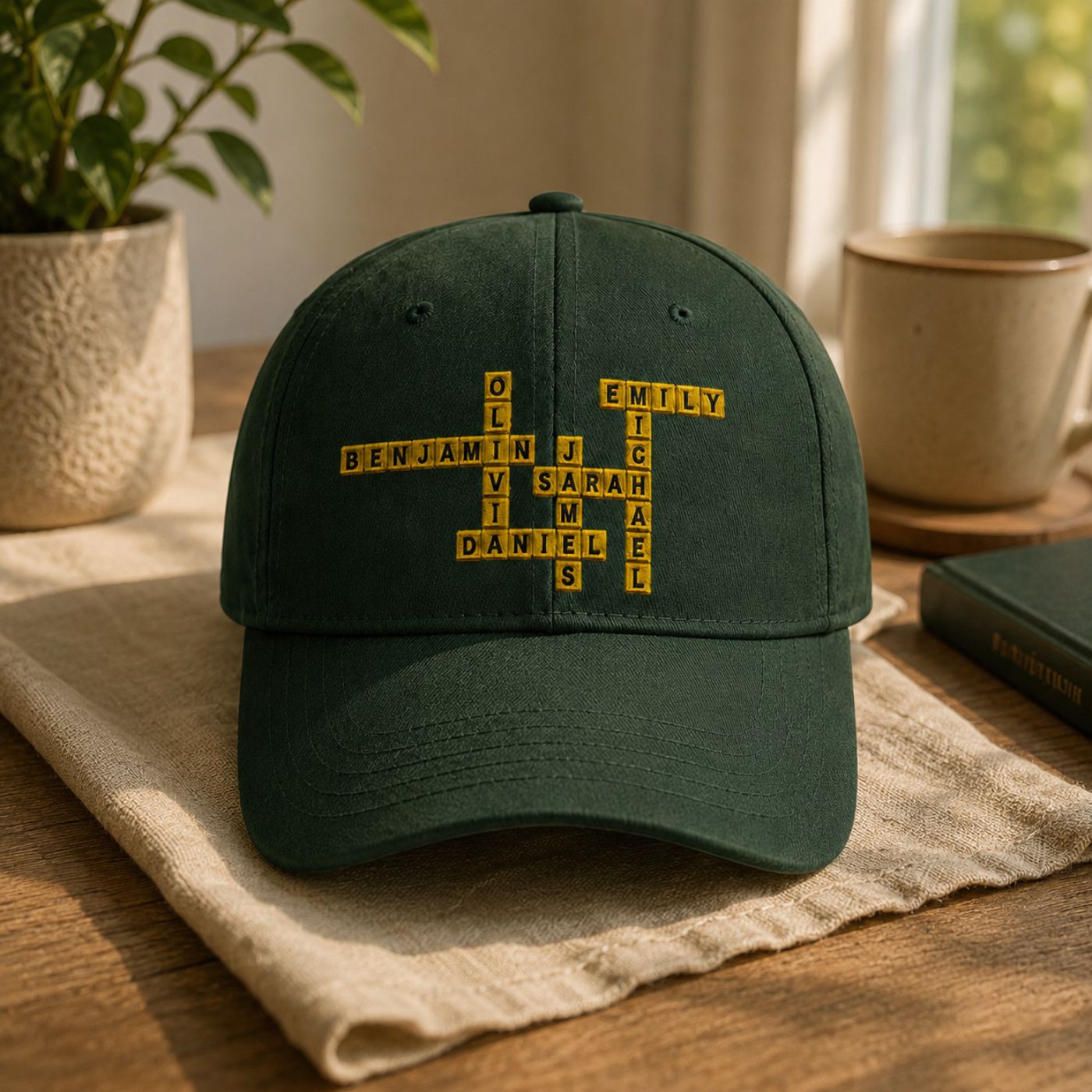 Family Crossword Cap in dark green, embroidered with family names in crossword design