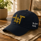 Family Crossword Cap in dark navy, personalized with family names and last name