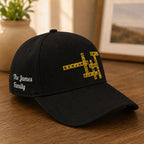 Family Crossword Cap in black, personalized with family names and last name