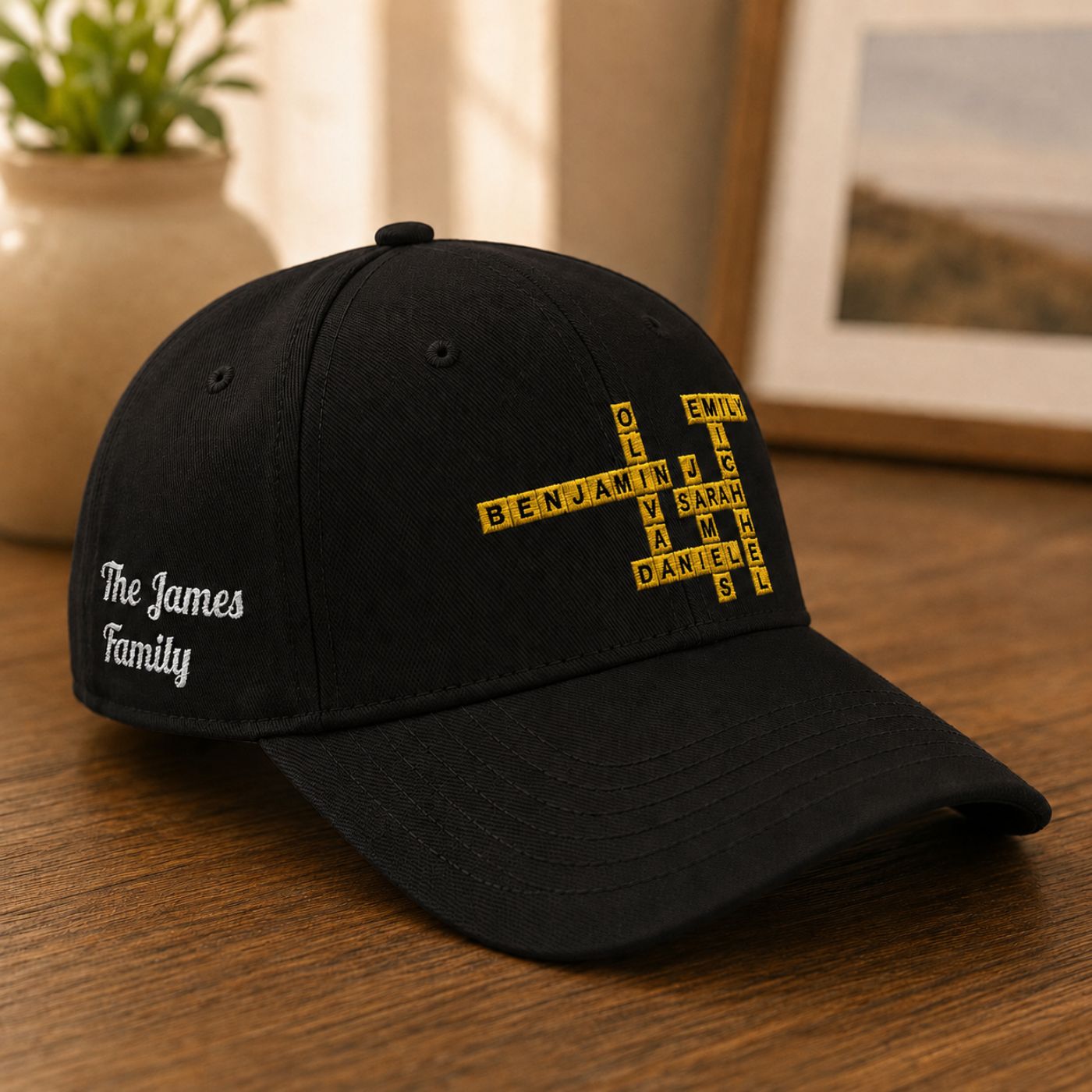 Family Crossword Cap in black, personalized with family names and last name