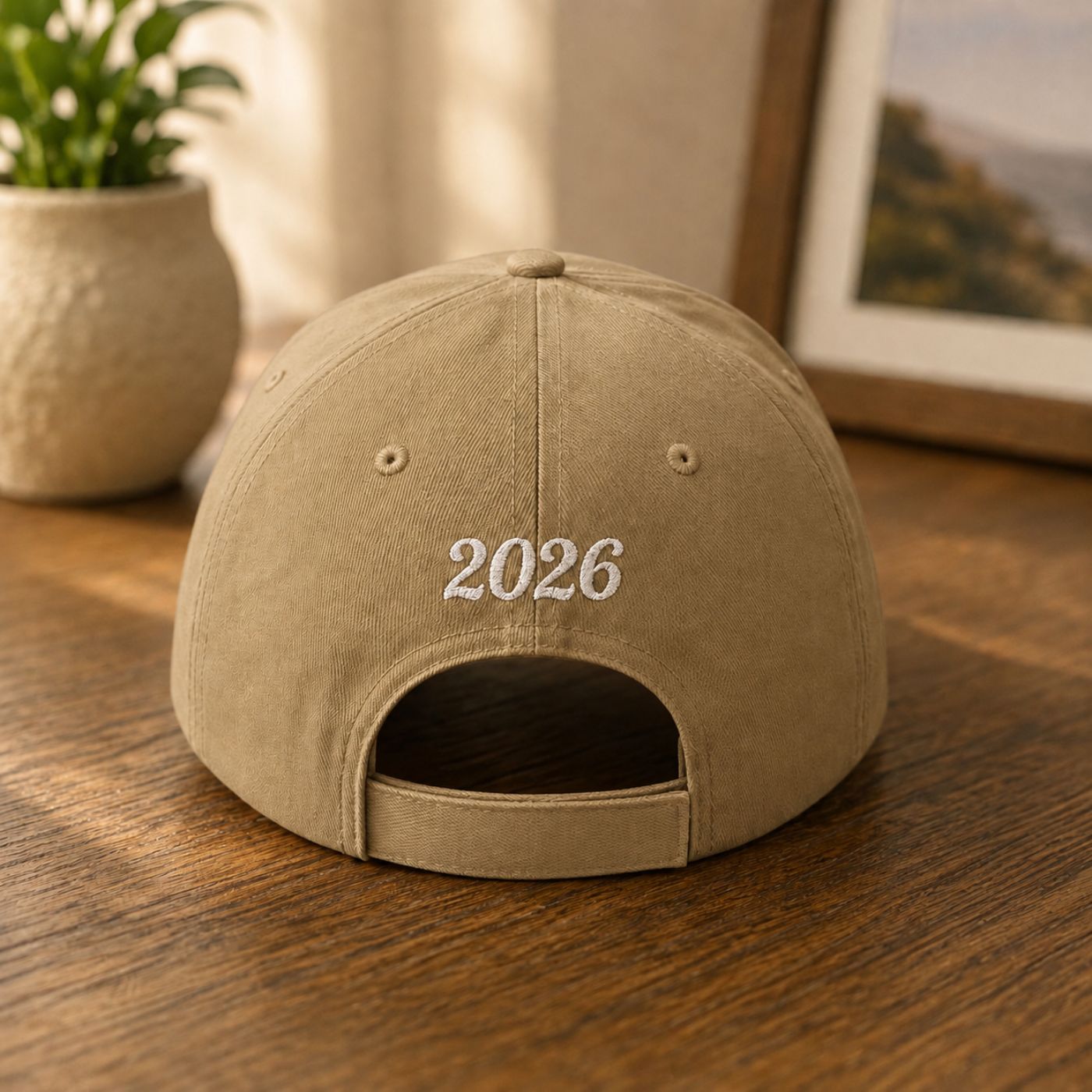 Family Crossword Cap in khaki, back view showing embroidered custom year