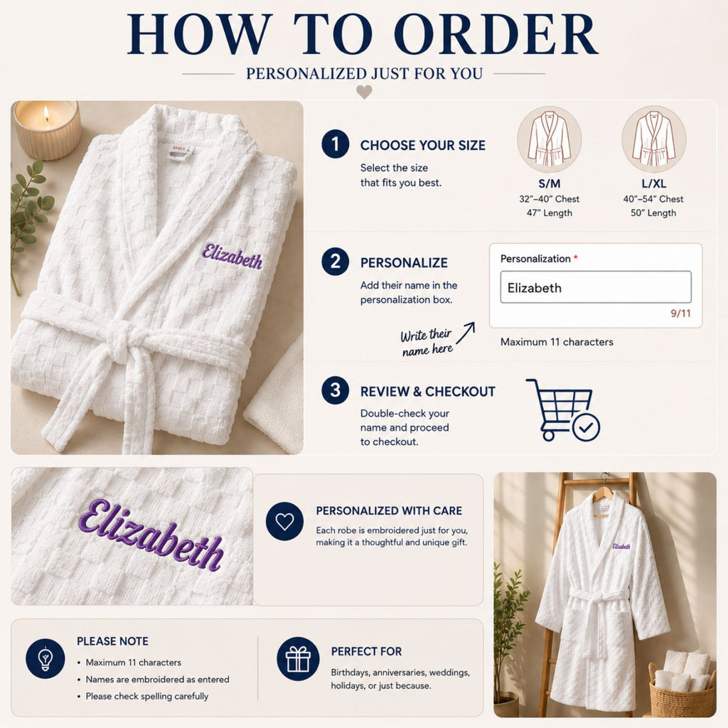 How to order a personalized embroidered bathrobe, size selection and name personalization steps
