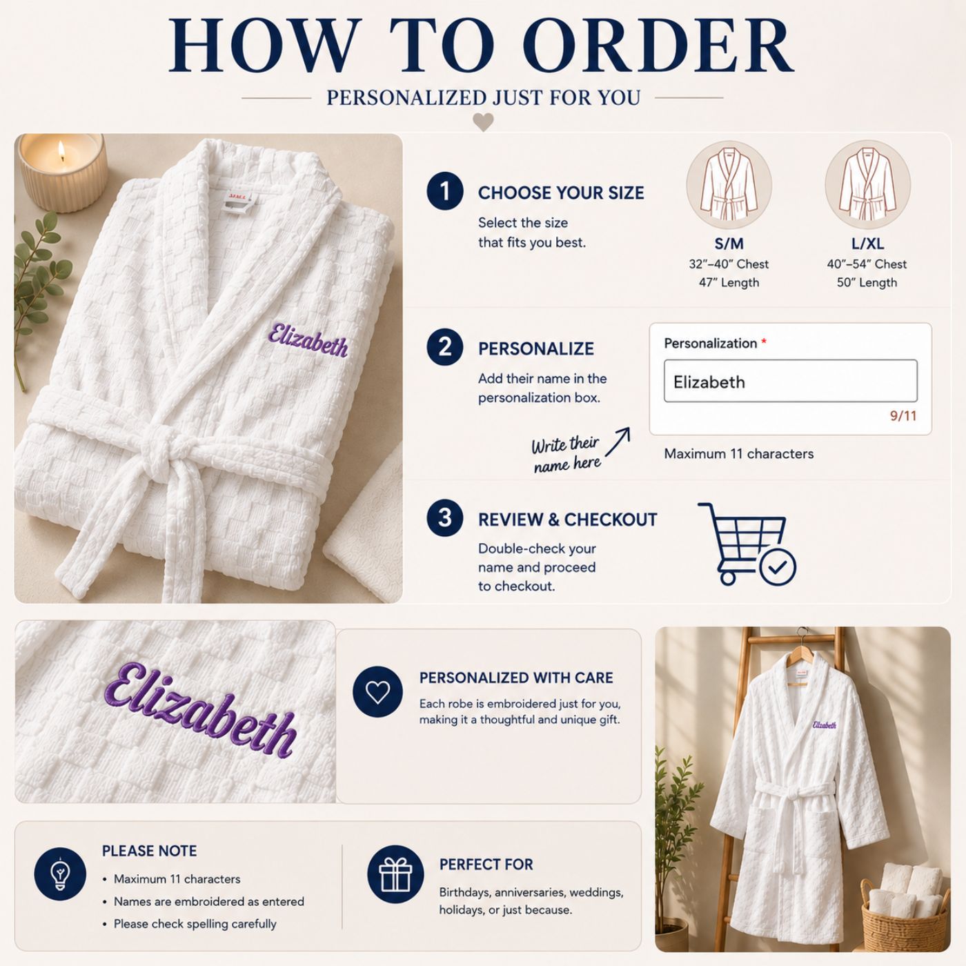 How to order a personalized embroidered bathrobe, size selection and name personalization steps