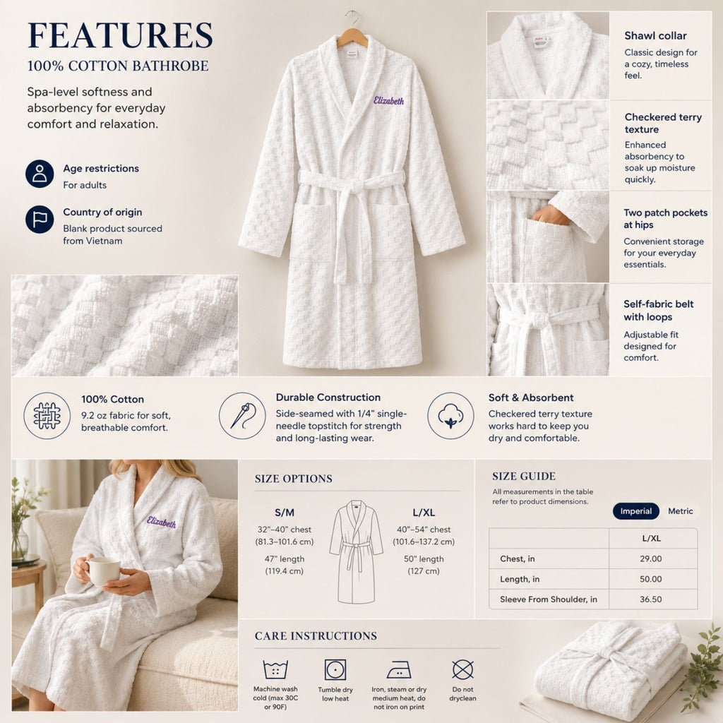 Personalized bathrobe features and size guide, 100% cotton with shawl collar and patch pockets