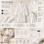 Personalized bathrobe features and size guide, 100% cotton with shawl collar and patch pockets