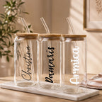 Clear glass tumbler with bamboo lid, blank for personalization