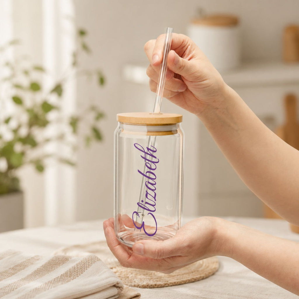 Clear glass tumbler with bamboo lid, blank for personalization
