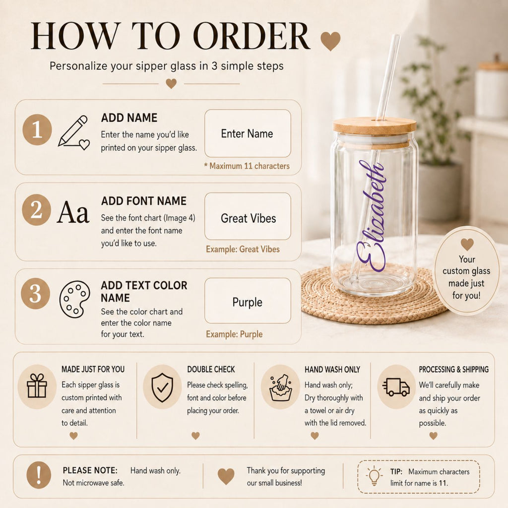 Personalization steps for name, font, and color on glass tumbler