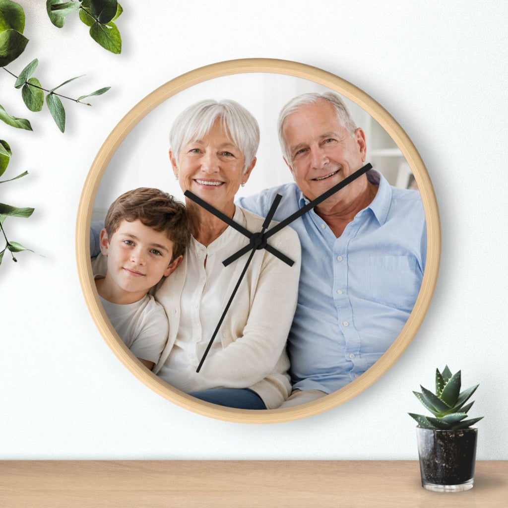 Custom photo wall clock with white frame displaying a family portrait