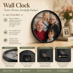Custom photo wall clock with white frame displaying a family portrait