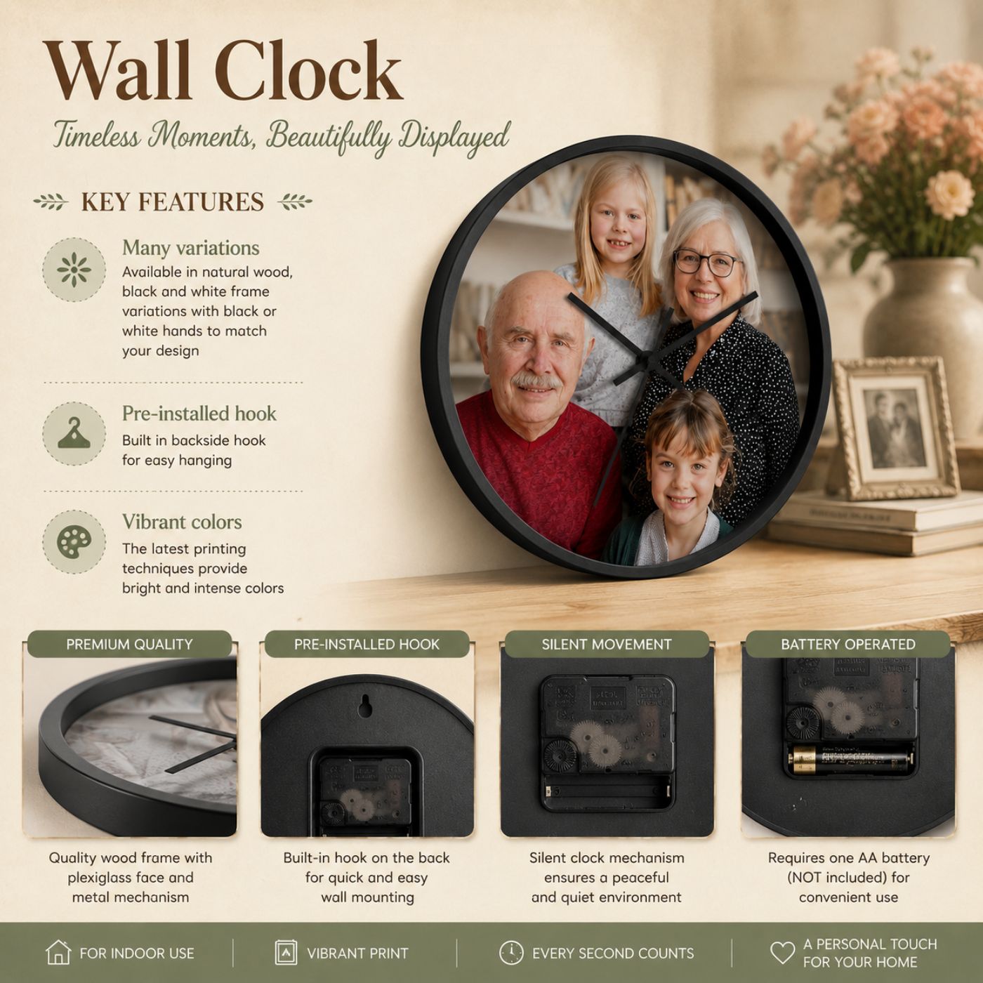 Custom photo wall clock with white frame displaying a family portrait