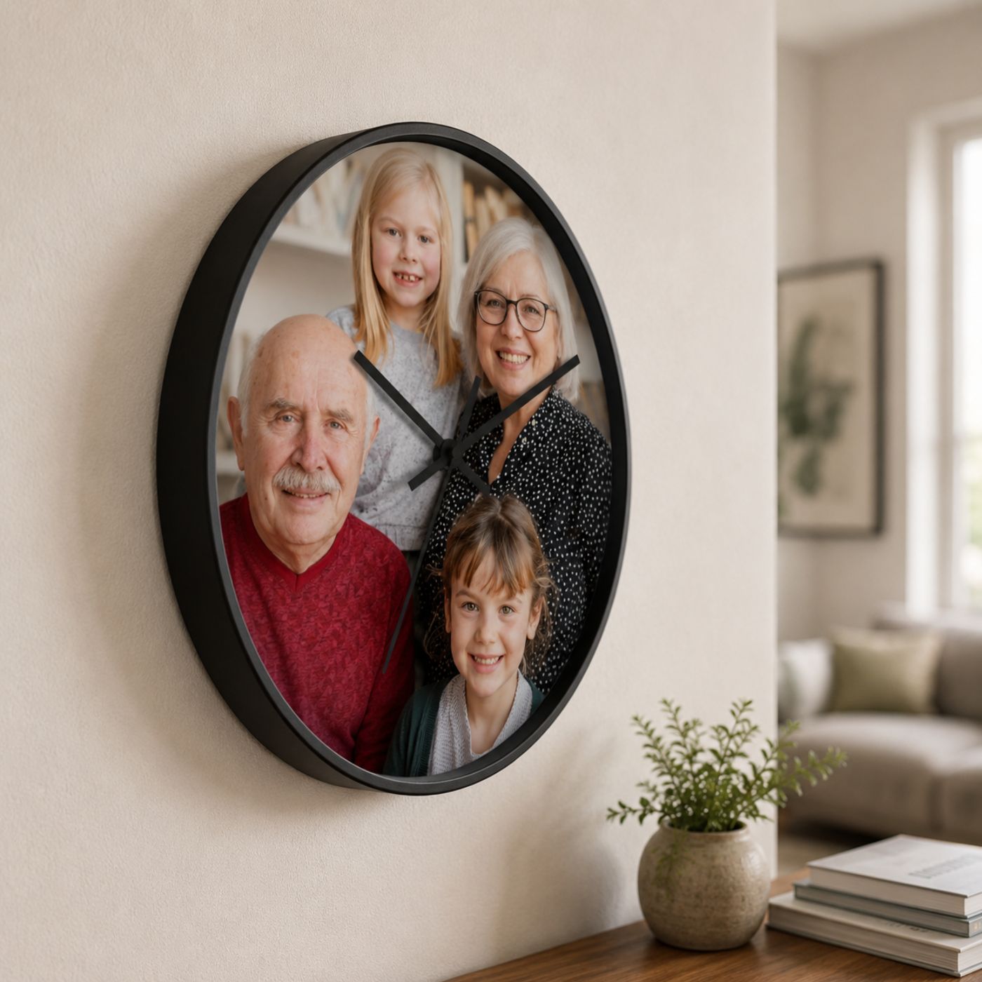 Custom photo wall clock with white frame displaying a family portrait