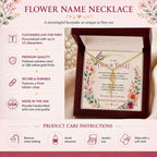 Gold birthflower name necklace with daffodil charm and script name on model