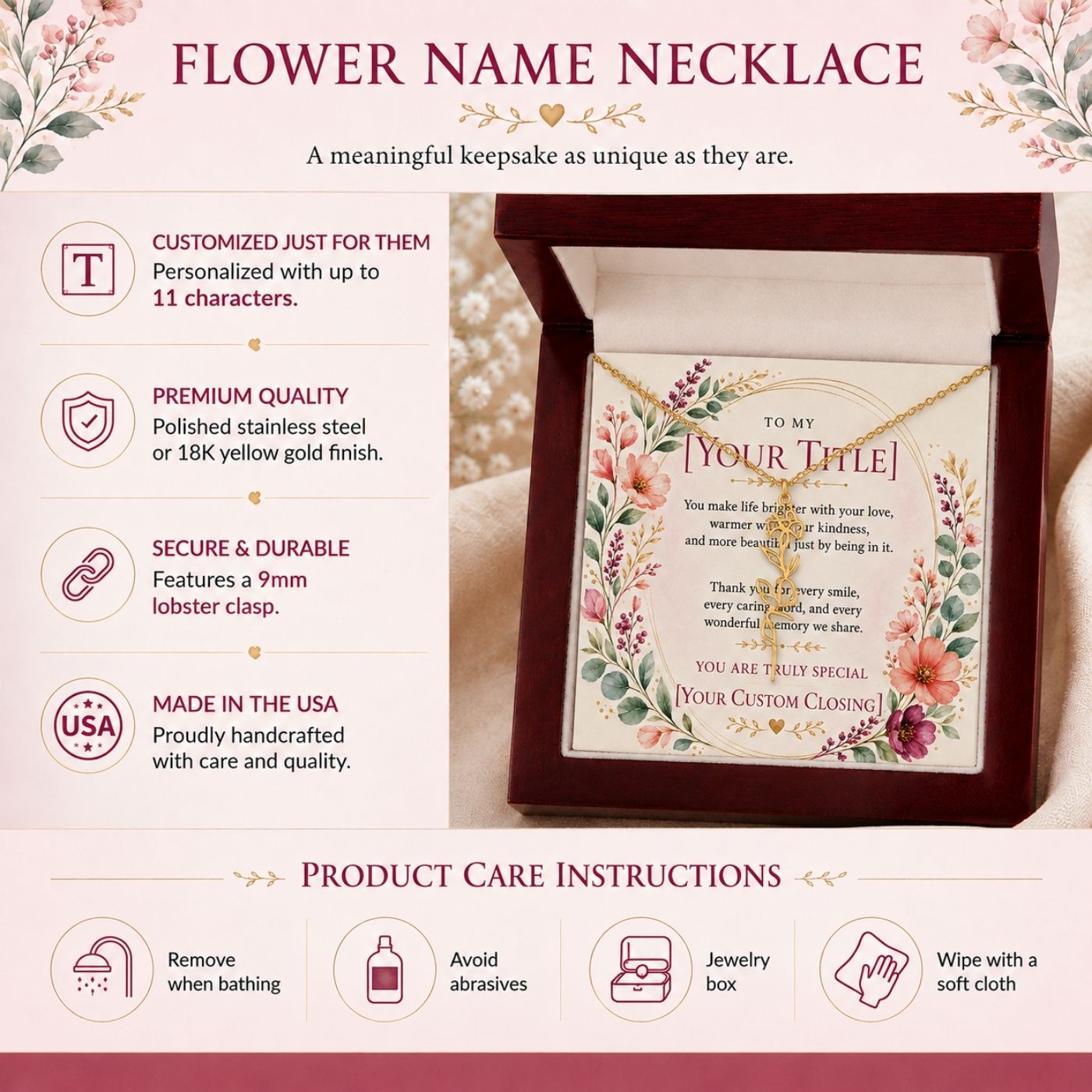Gold birthflower name necklace with daffodil charm and script name on model