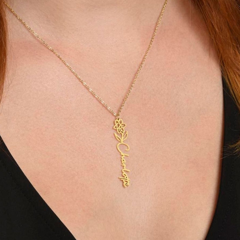 Custom birth flower name necklace, personalized jewelry gifts for 65 year old woman