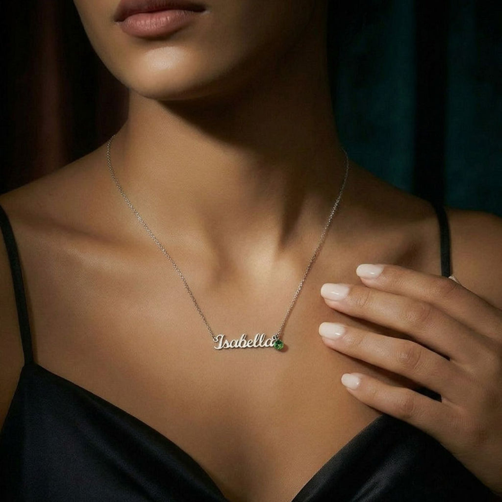 Custom name necklace ordering steps: finish, birthstone, and box options