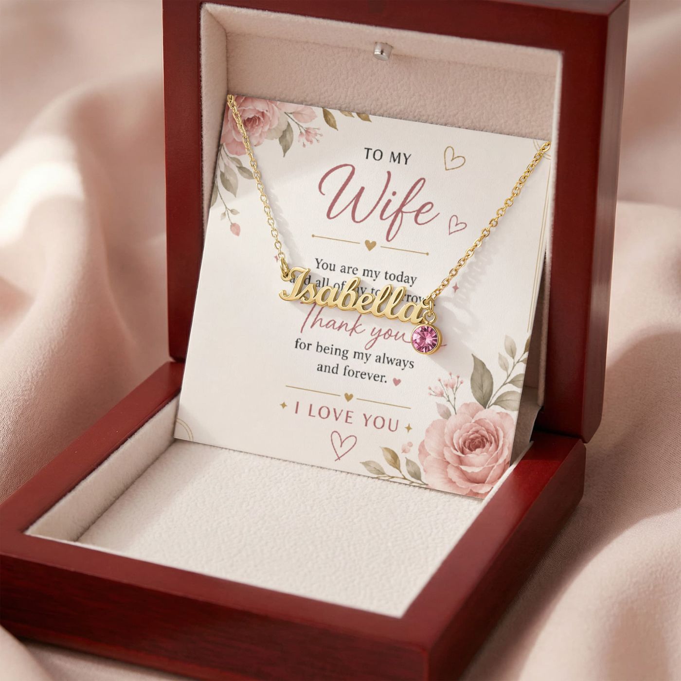 Custom name necklace ordering steps: finish, birthstone, and box options