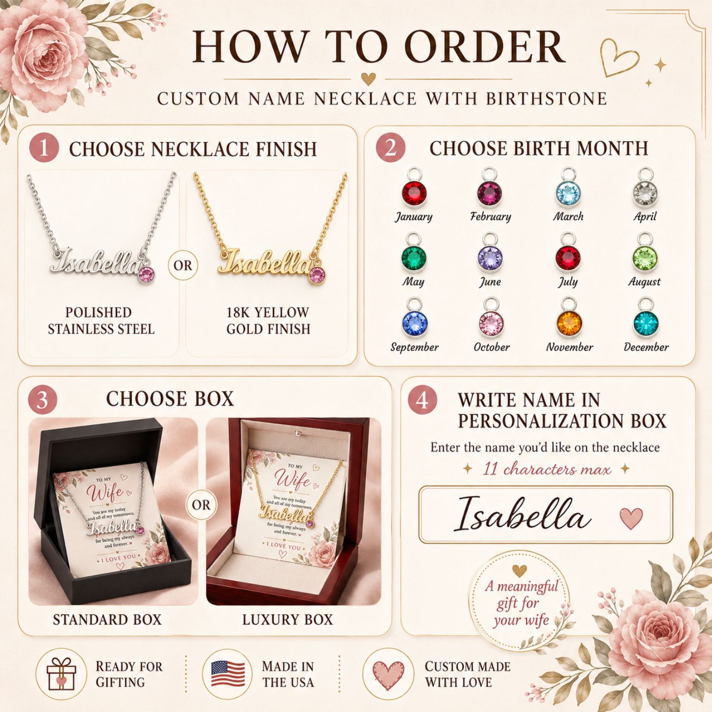 Custom Name Necklace with Birthstone for Wife