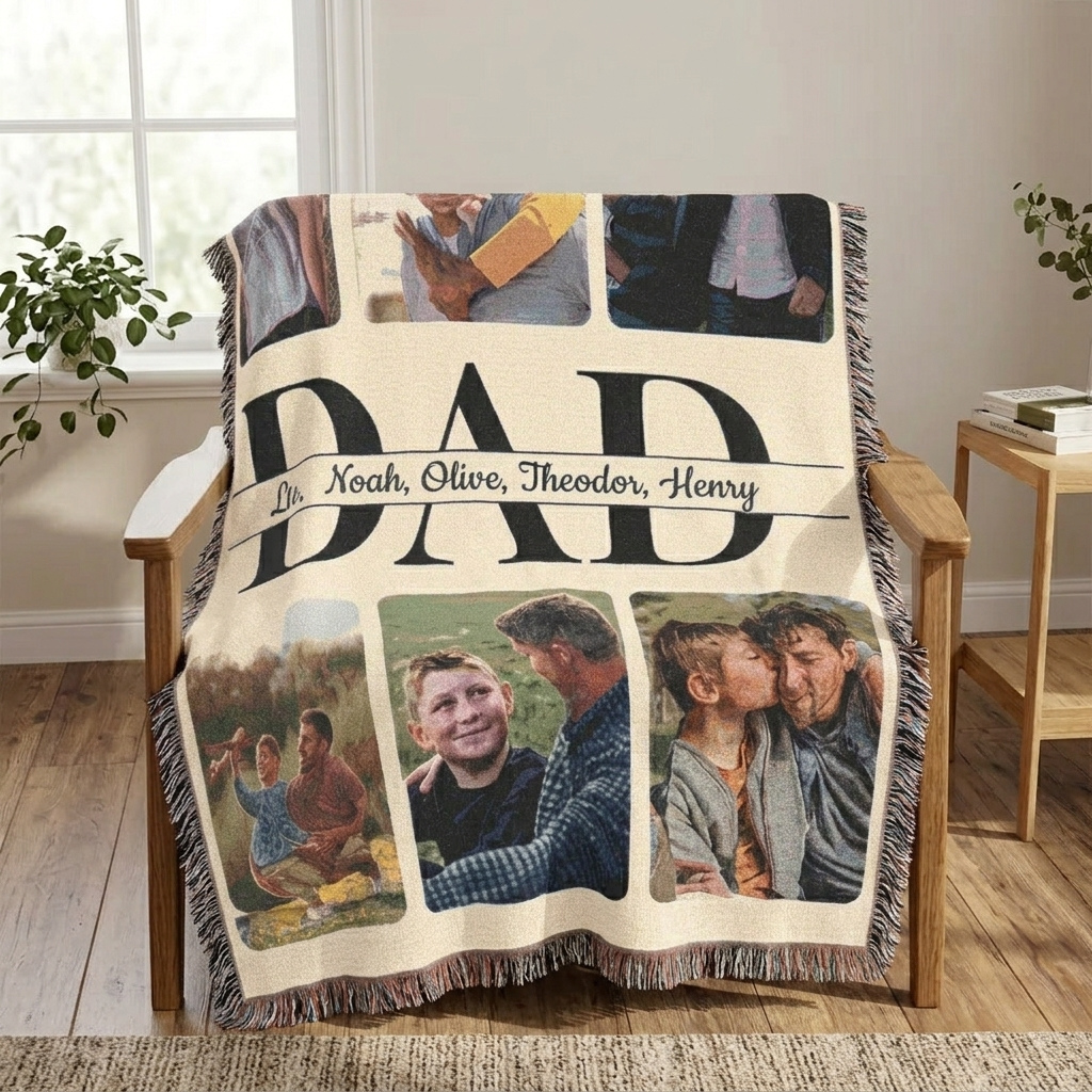 Personalized Dad and Kids Photo Woven Blanket