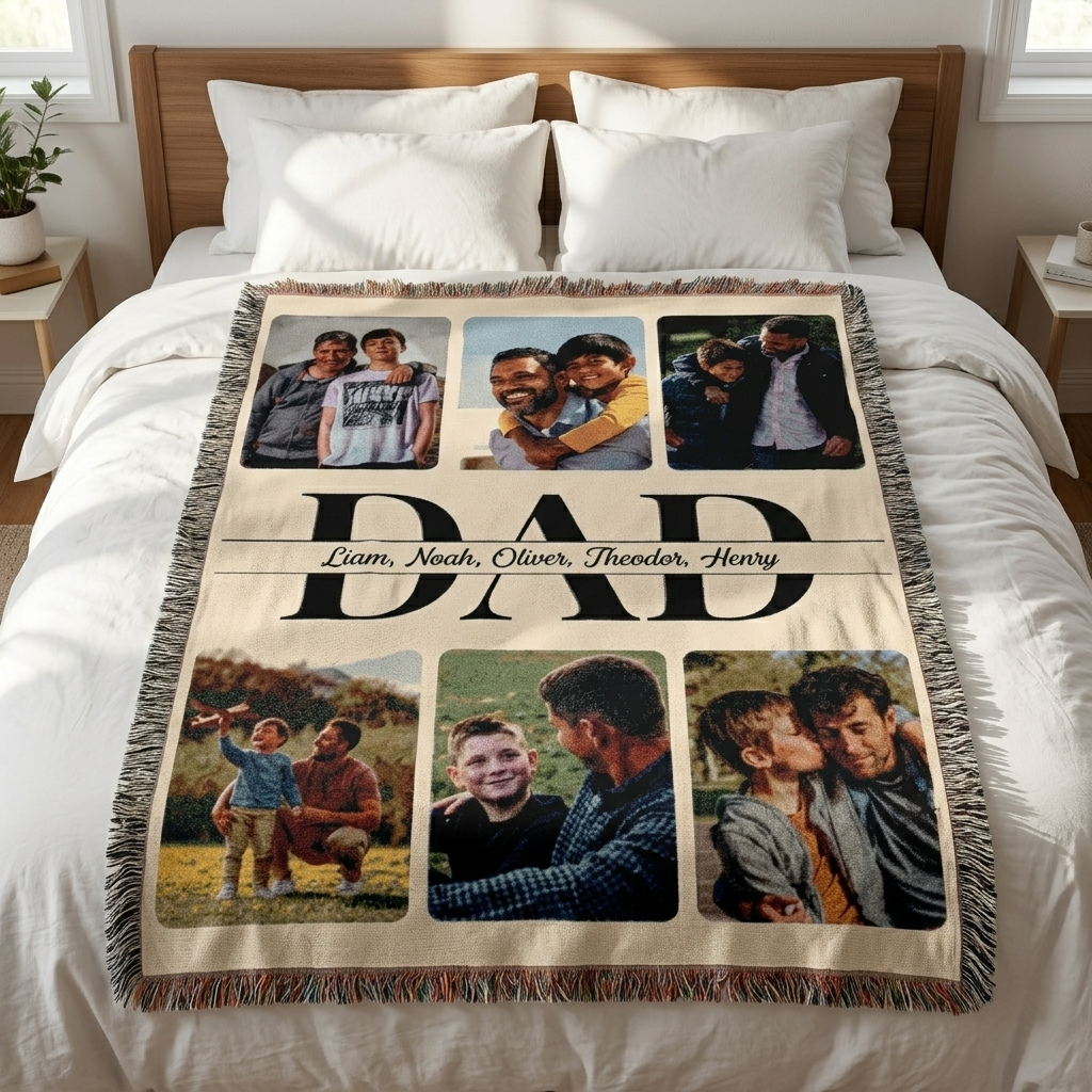 Personalized Dad and Kids Photo Woven Blanket